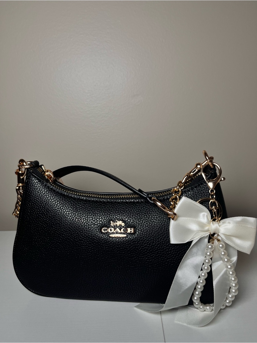 Black Shoulder Bag with Pearl Bow Charm